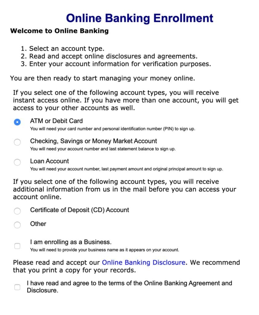 A screenshot of enrollment on online banking.