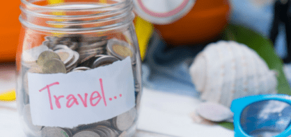A glass bottle labeled "Travel..." for tips on being vacation ready.