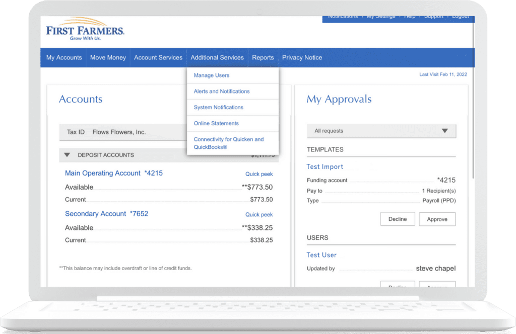 An image of managing users step 1 on online banking.
