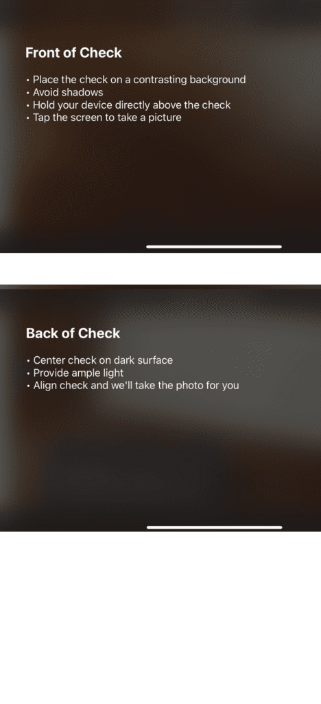An image to deposit check with front and back of check images on online banking.