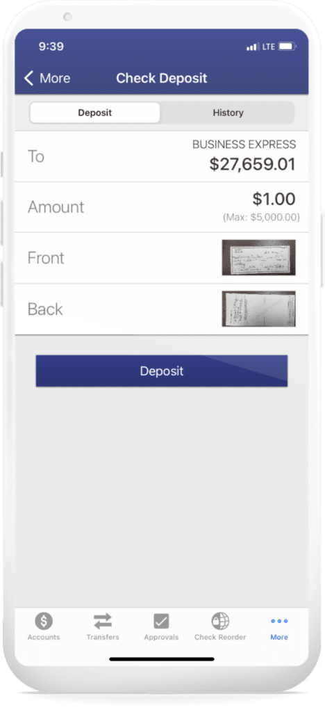 An image of check being deposited for online banking.