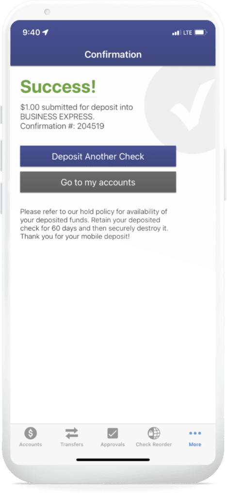 An image of a successful mobile deposit on online banking.