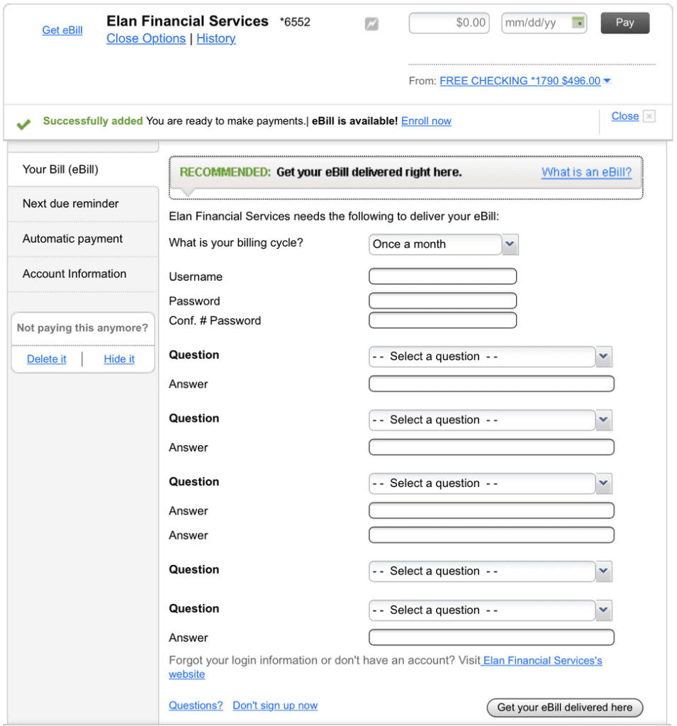 An image of mobile bill pay and eBills succesfully added step 2 on online banking.