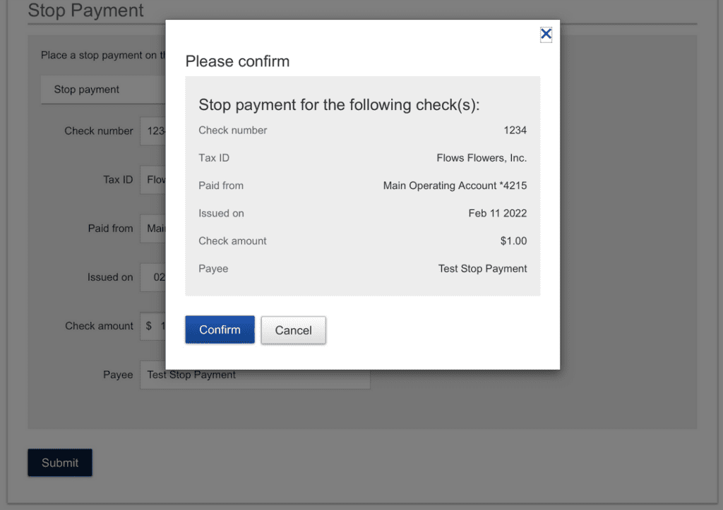 Screenshot of stop payment on checks