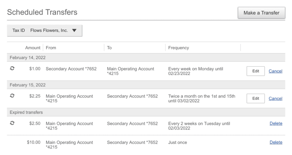 An image of scheduled transfers step 2 on online banking.