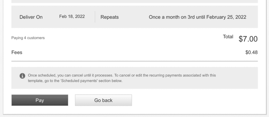 An image of online treasury ach fees for 4 customers on online banking.