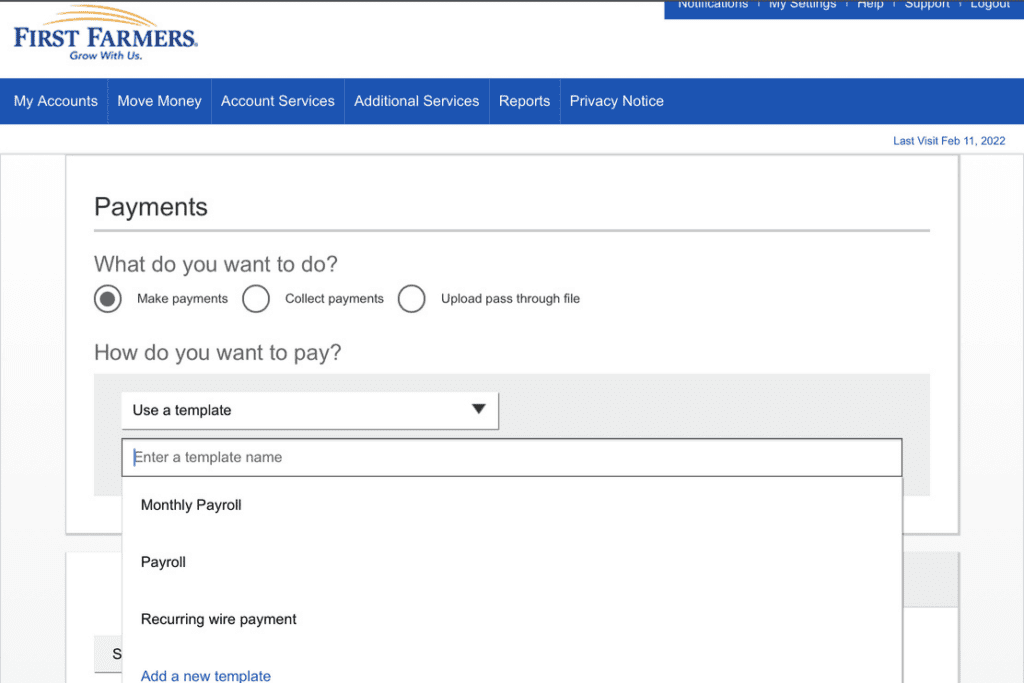 An image of treasury ACH payment options on online banking.