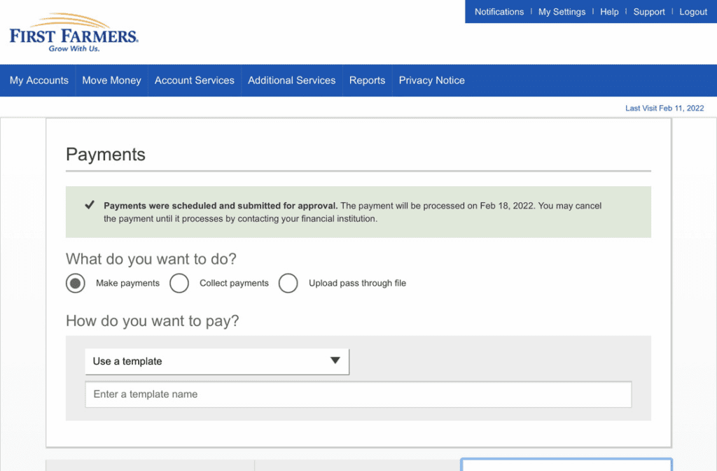An image of treasury ACH payment scheduled and submitted for approval on online banking.