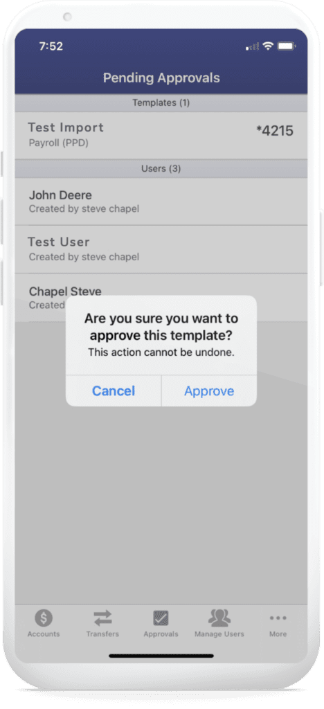 An image of online trasury mobile approvals step 2 on online banking.