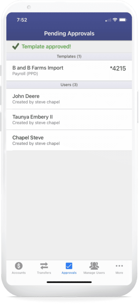 An image of online treasury mobile pending approvals step 4 on online banking.