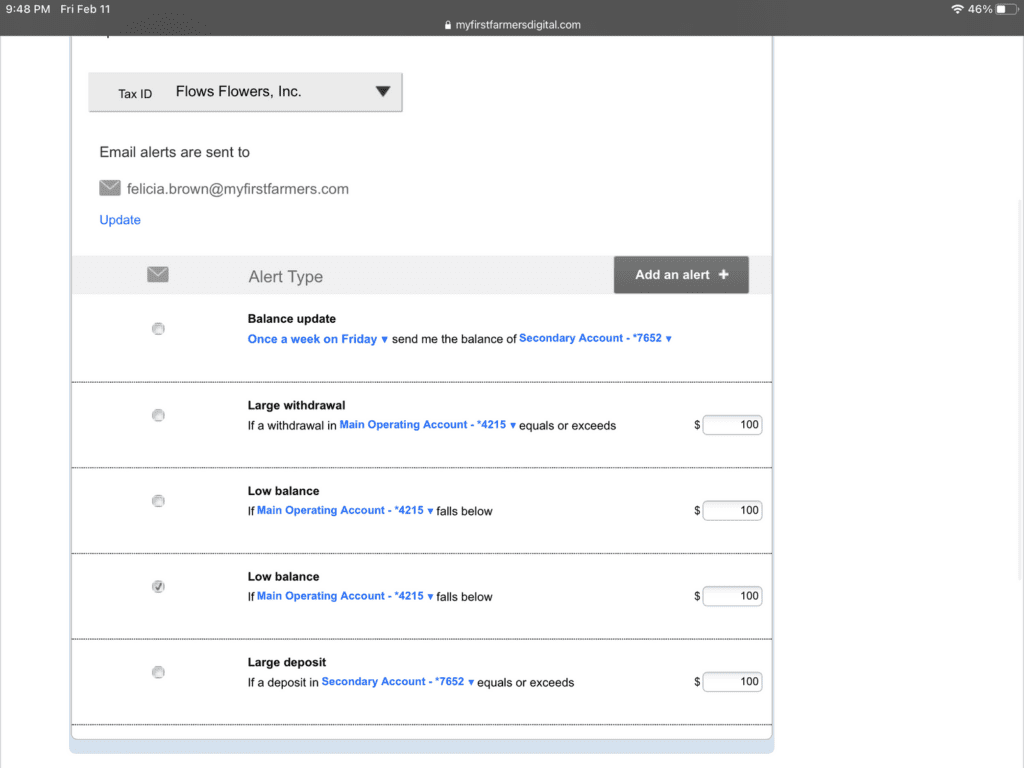 An image of email alert and alert types on online banking.
