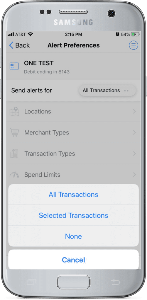 An image ofS ecurLock Equip alerts preferences to send on online banking.