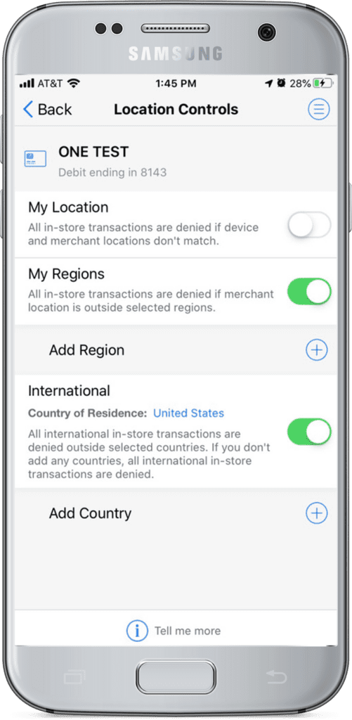 An imagine of SecurLock Equip controls for location on online banking.