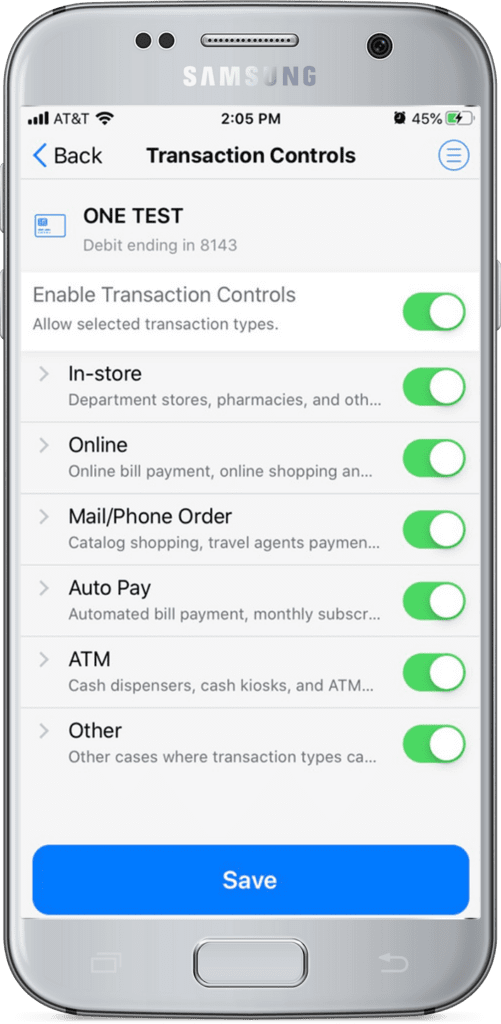 An image of transaction controls for online banking.