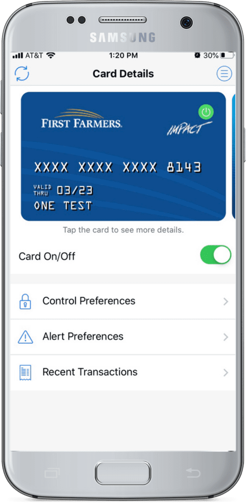 An image of SecurLock Equip On Off for card details on online banking.