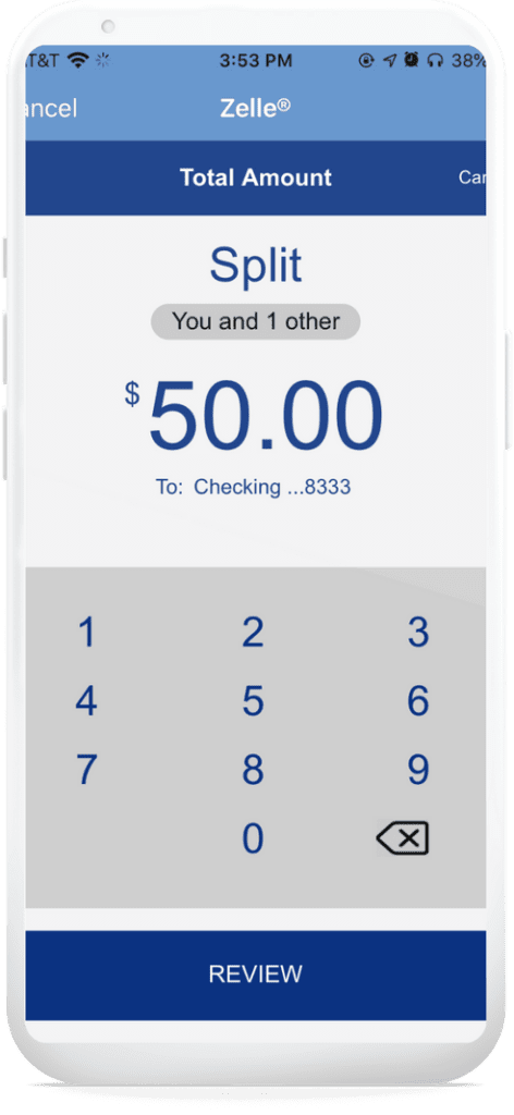 An image of Zelle money split on online banking.