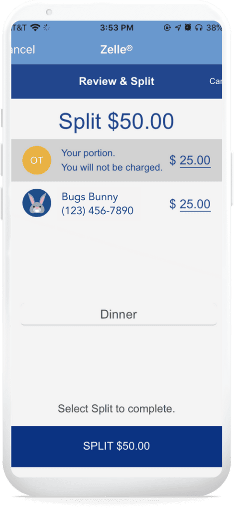 An image of Zelle money to review and split on online banking.