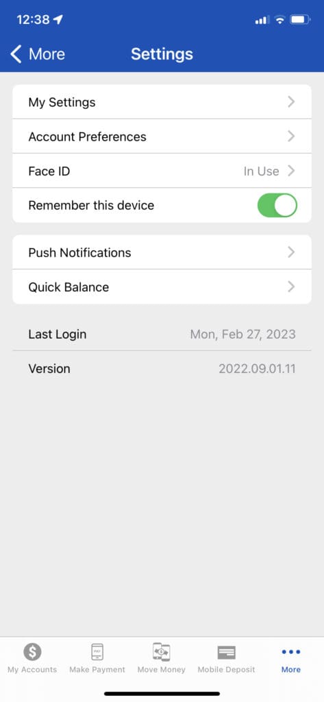 Screenshot of account settings section of the mobile website