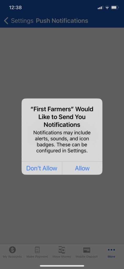 Screenshot of Apple Notification from First Farmers App