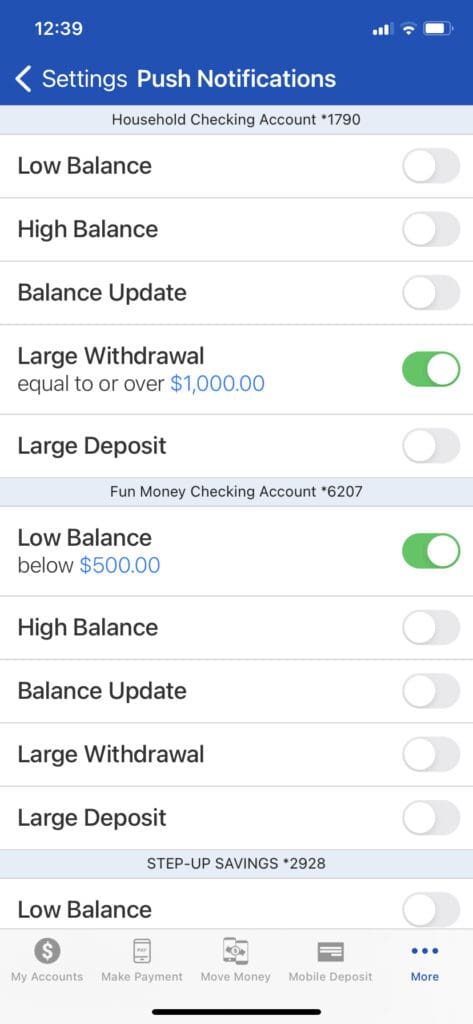 Screenshot of Push Notification Setting in Mobile App