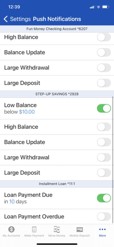 Screenshot of Push Notification Setting in Mobile App