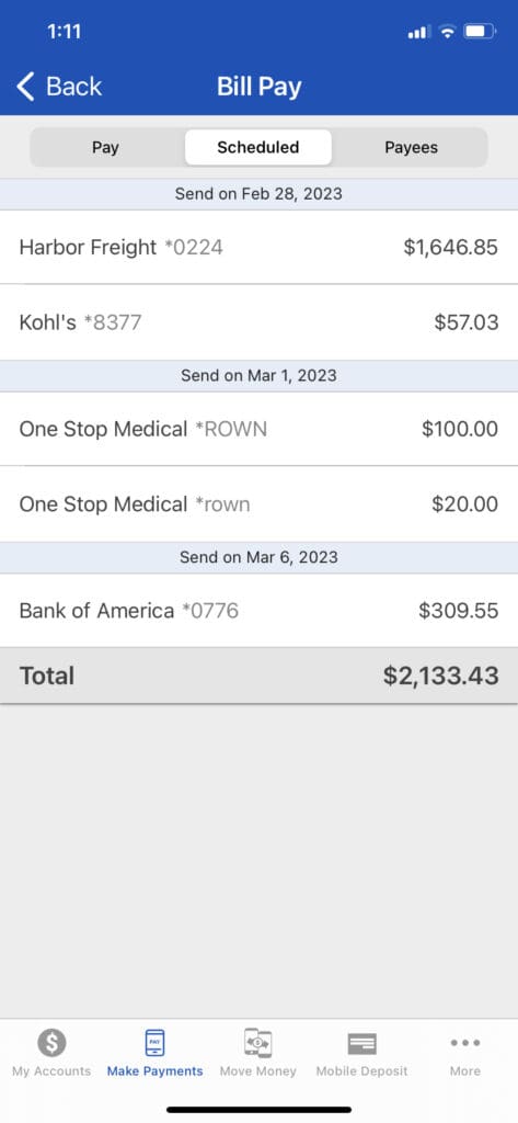 Screenshot of Bill Pay in Mobile App