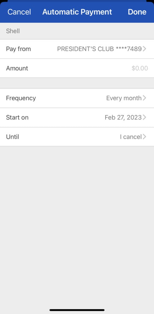 Mobile device screenshot of automatic payment details Step 2