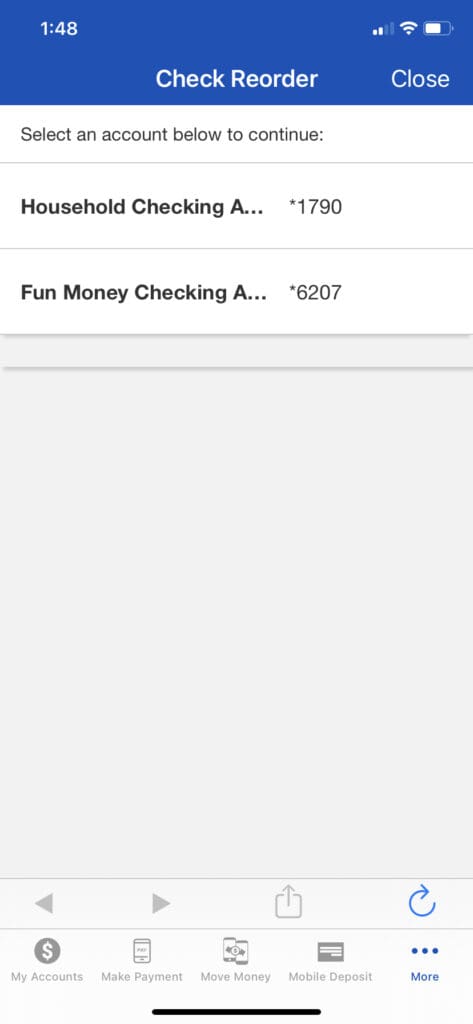 Screenshot of Check Reorder Account Selection in Mobile App