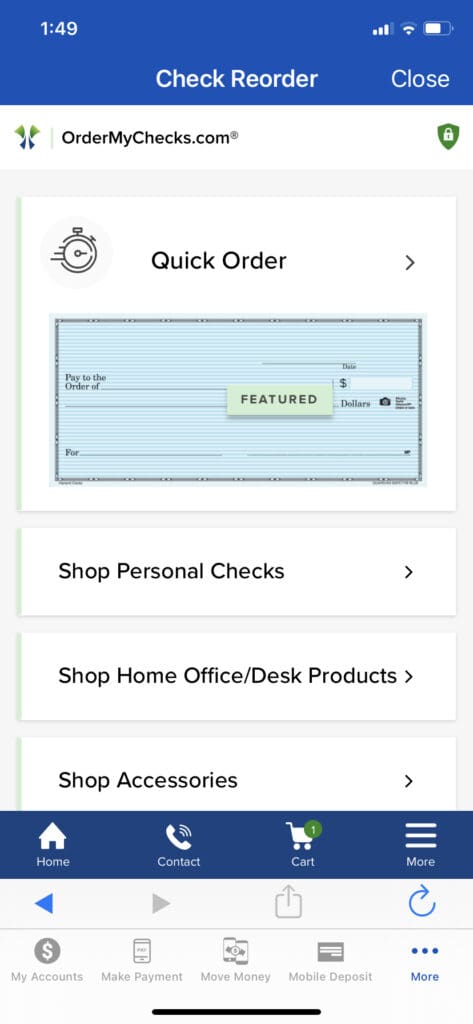 Screenshot of Reordering Checks through the Mobile App