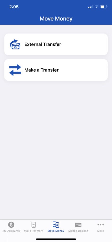 Screenshot of options to move money from an external checking account
