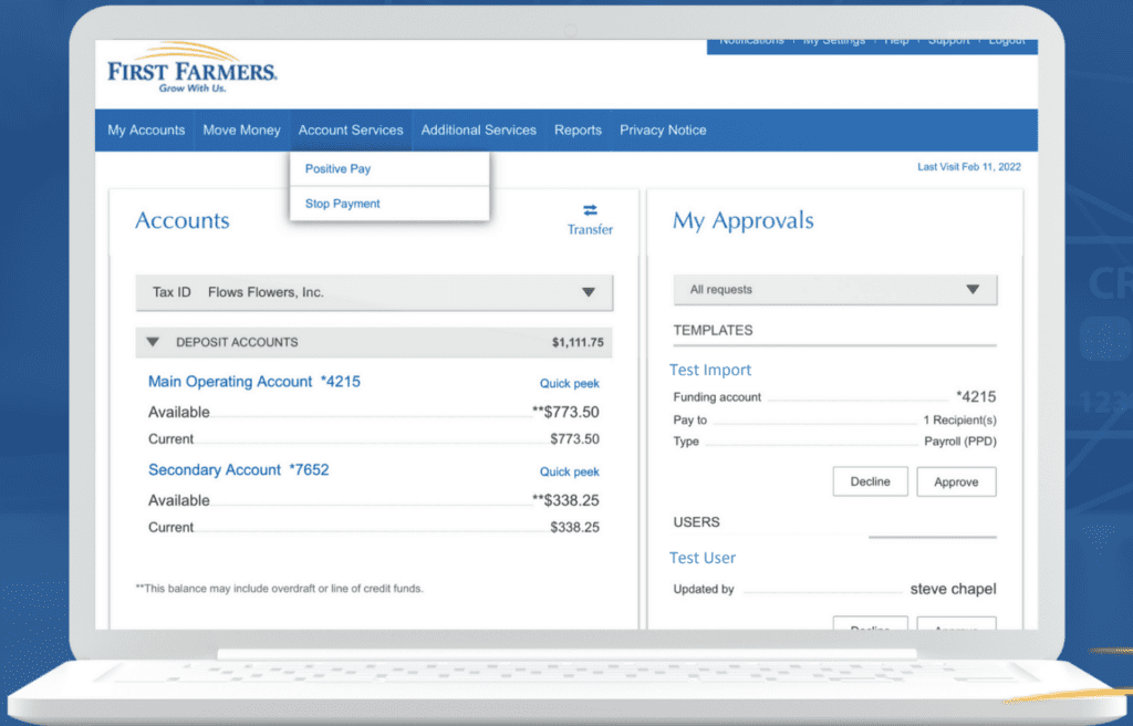 Laptop screen rendering of the First Farmers "Positive Pay" portal
