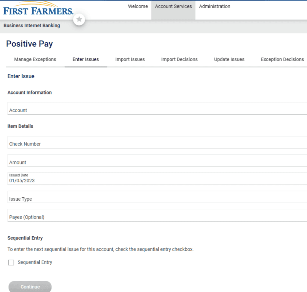 Screenshot of Positive Pay "Enter Issues" fields