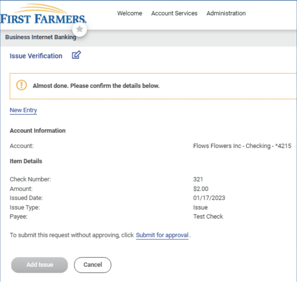 Screenshot of First Farmers issue verification confirmation
