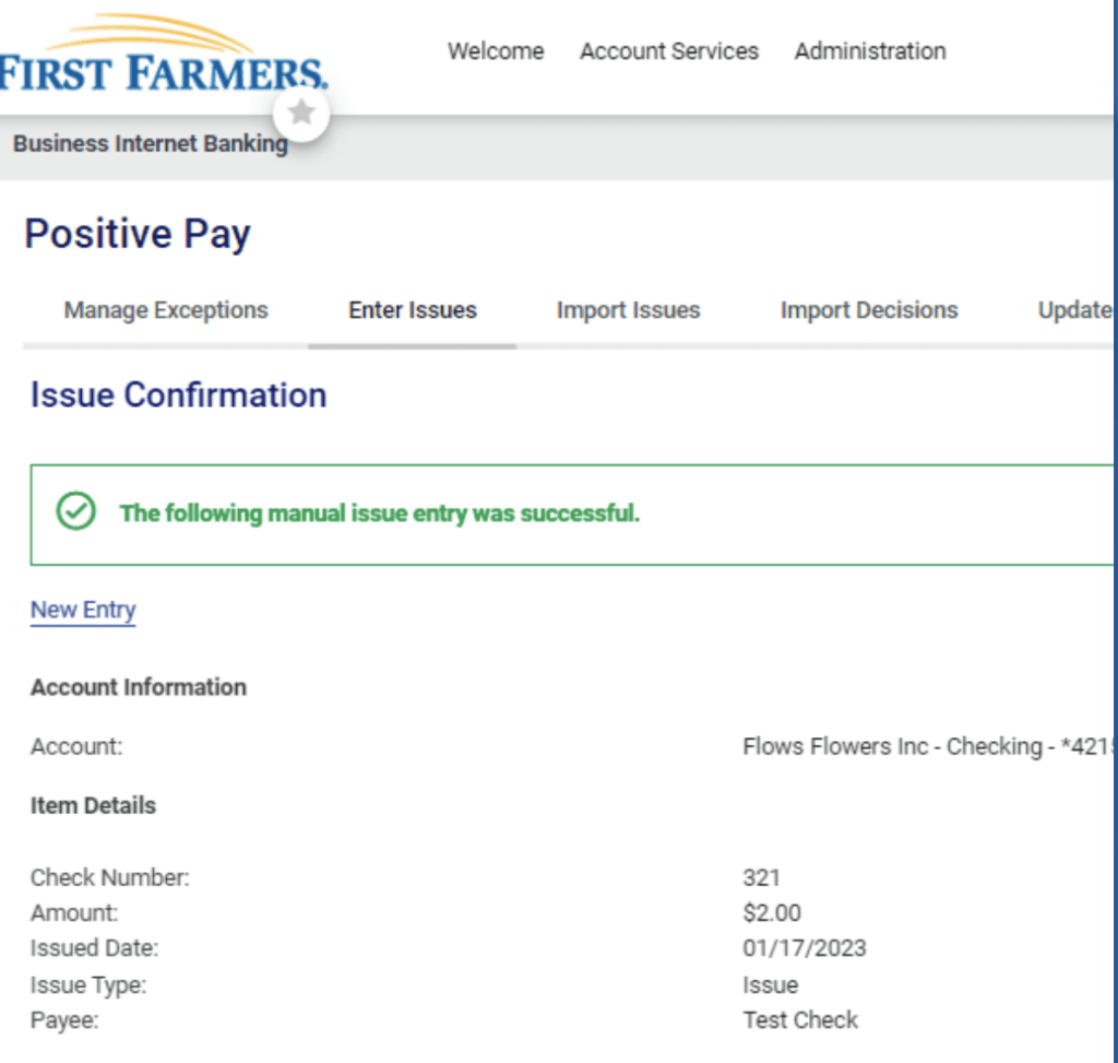 Screenshot of ACH Positive Pay issue confirmation