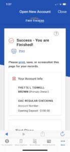 Screenshot of successfully opening new account in mobile app