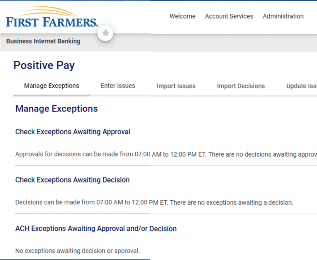 Screenshot of ACH Positive Pay Managing Expectation section of the website