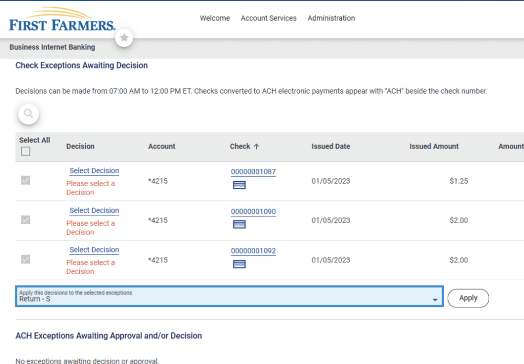 Screenshot of an example list of pending checks awaiting decision