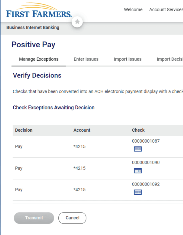 Screenshot of Positive Pay Check exceptions awaiting decision