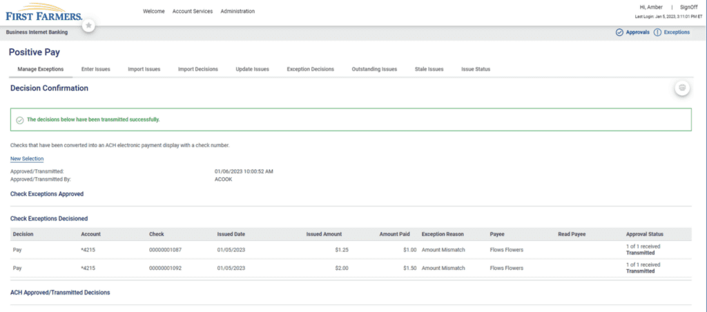 Screenshot of Positive Pay examples of successful check decisions