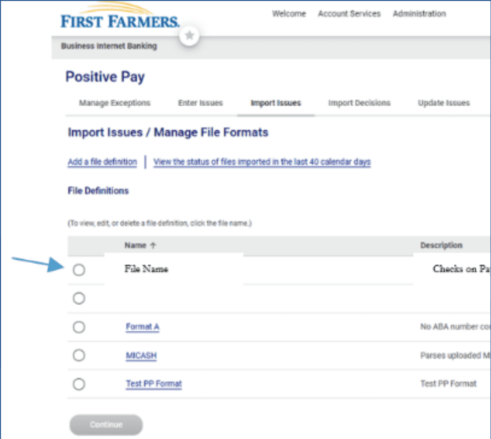 Screenshot of Positive Pay examples of uploading issues