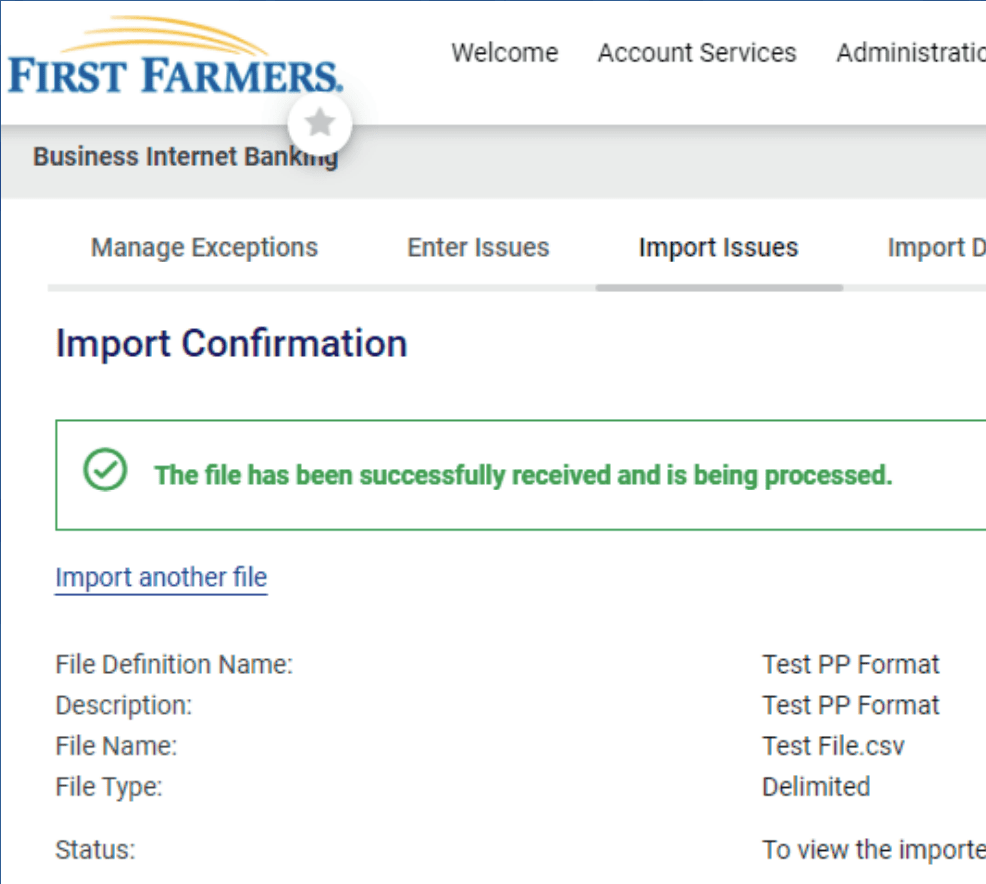 Screenshot of First Farmers successful file upload prompt